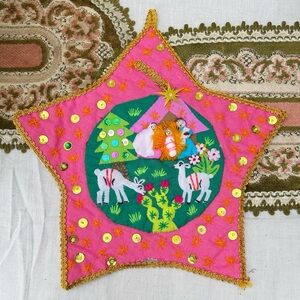 Vintage Handmade in Peru Christmas Star Appliqué Patchwork Nativity Scene Pink